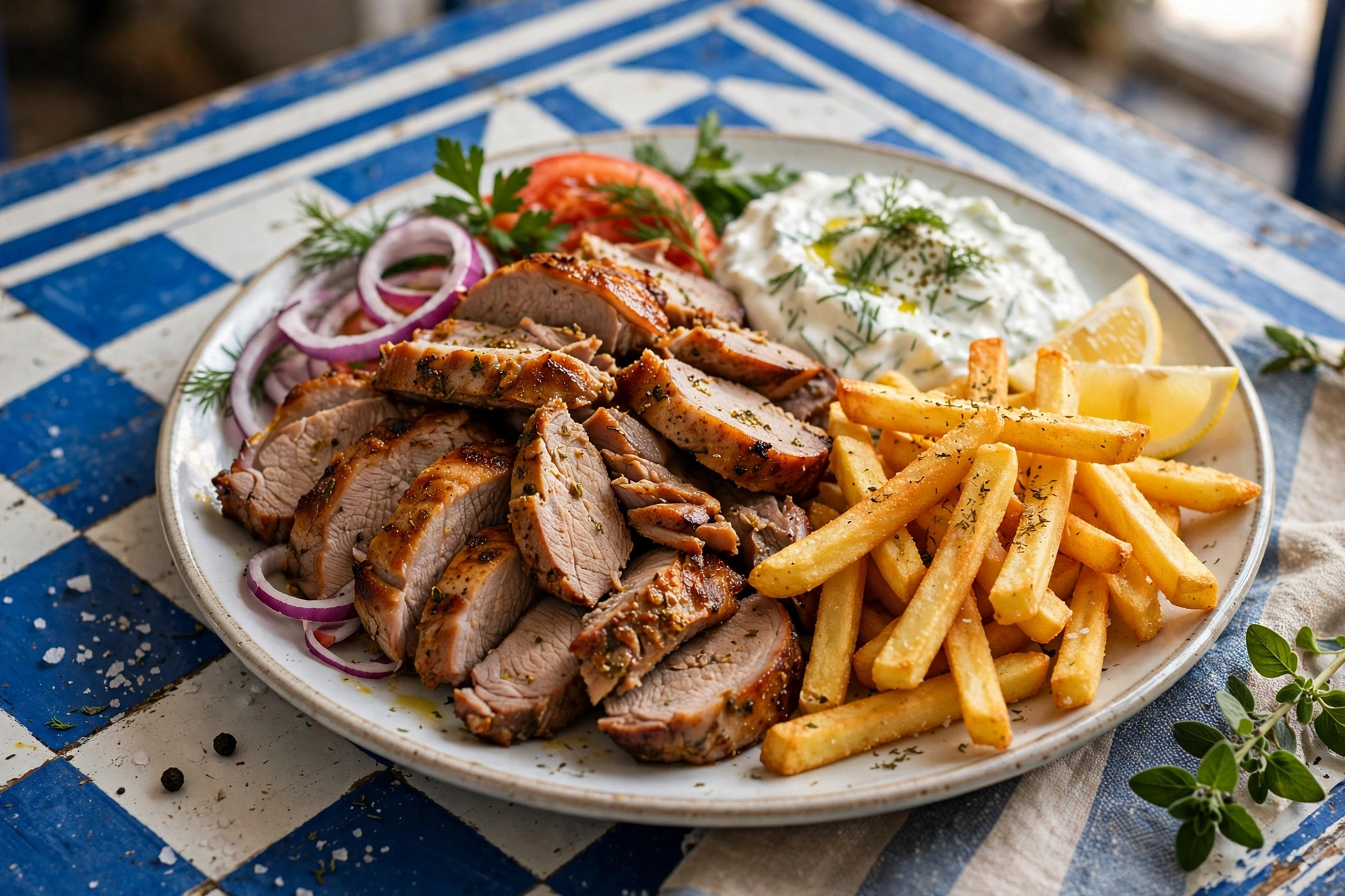 Akropolis Gyros Gyros-Teller bei Akropolis mit Pommes und Tzatziki