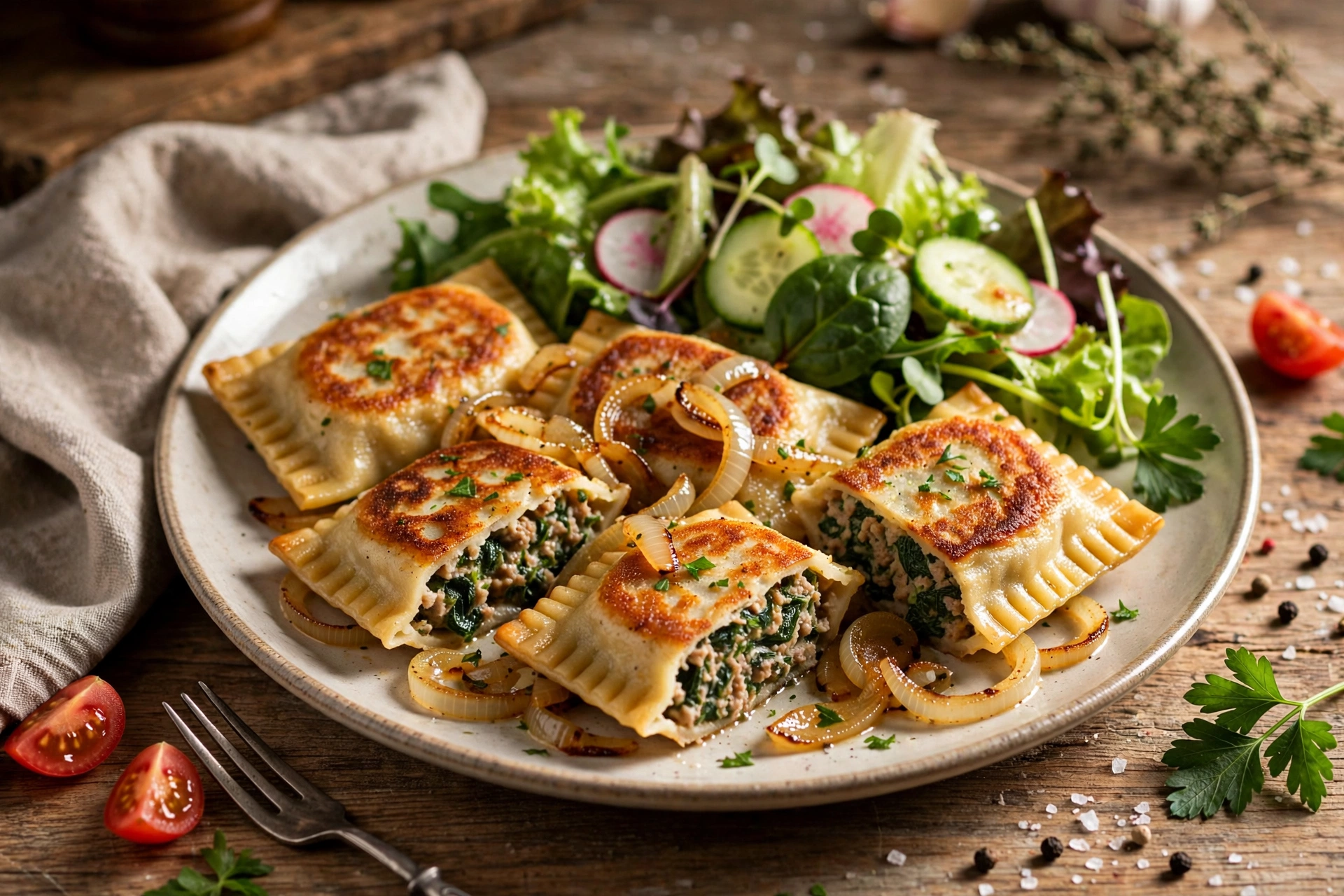 Geschmelzte Maultaschen mit Salat