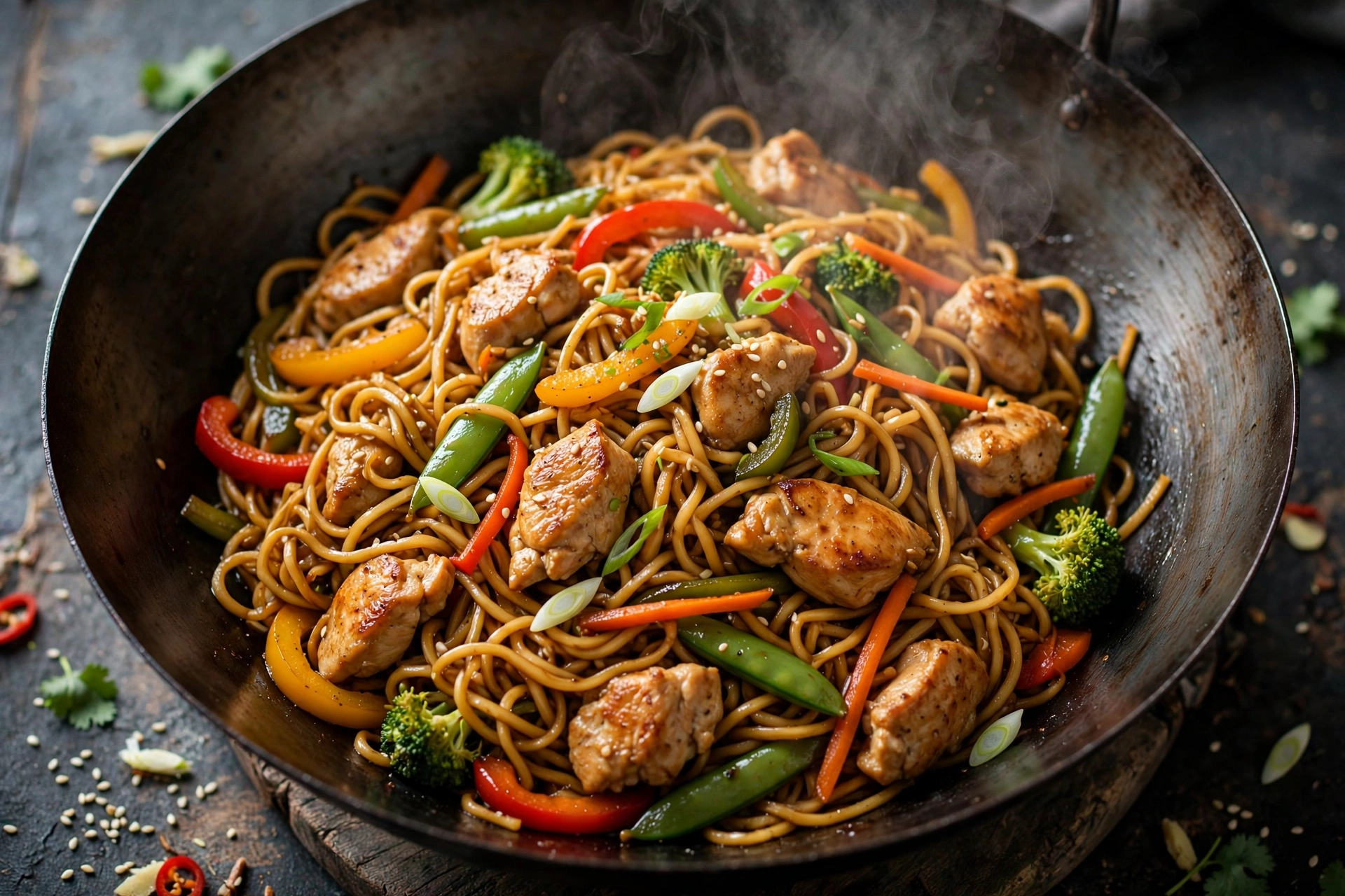 Gebratene Nudeln Asia Imbiss Gebratene Nudeln mit Huhn aus dem Wok