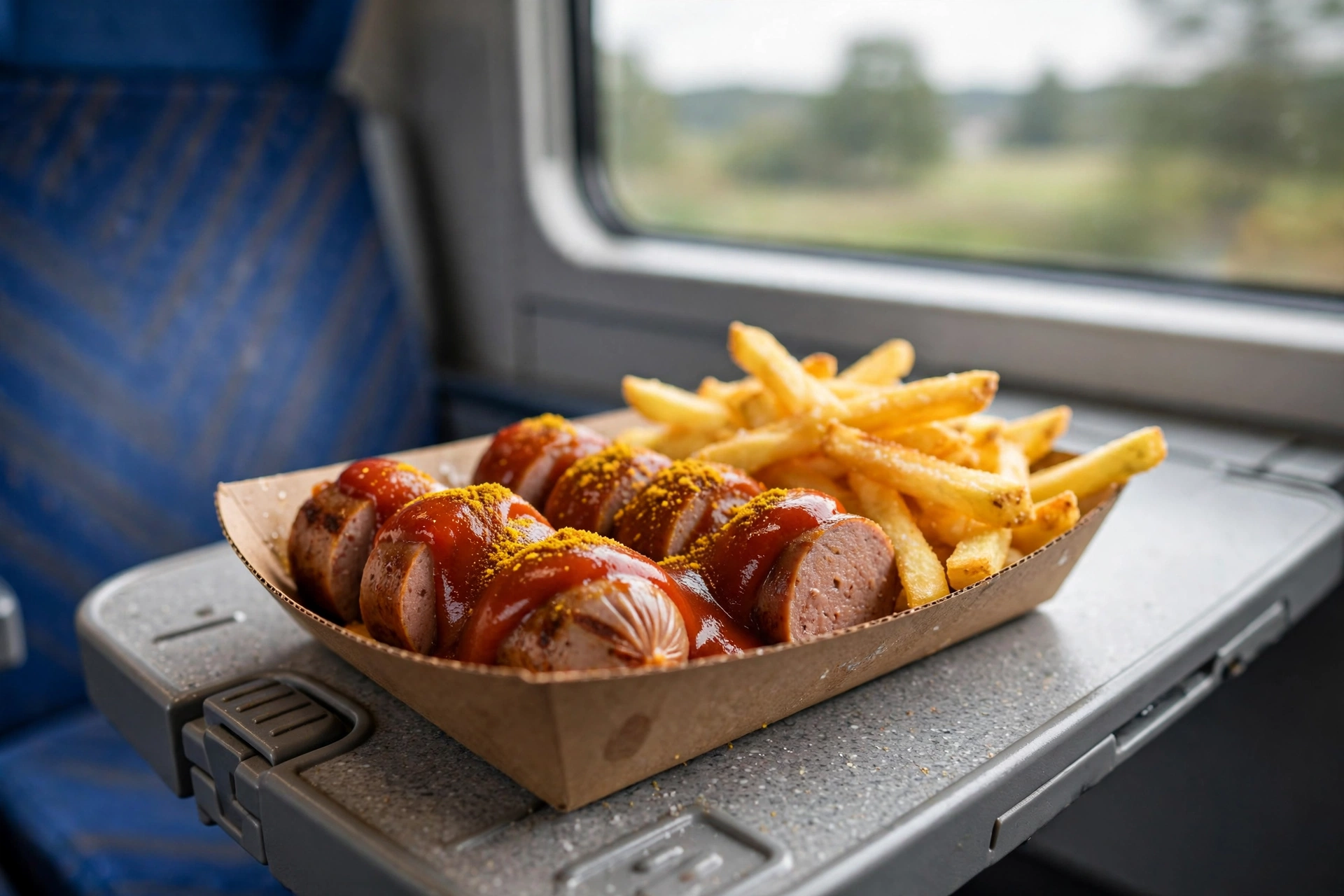 Currywurst Bahn Bordbistro Currywurst mit Pommes im Bordbistro