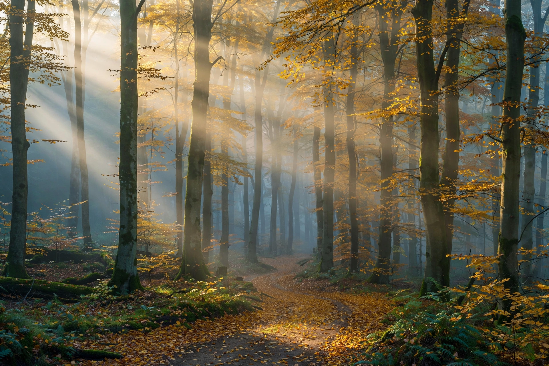 Waldkönig Wald Herbstlicher Waldweg mit Morgennebel