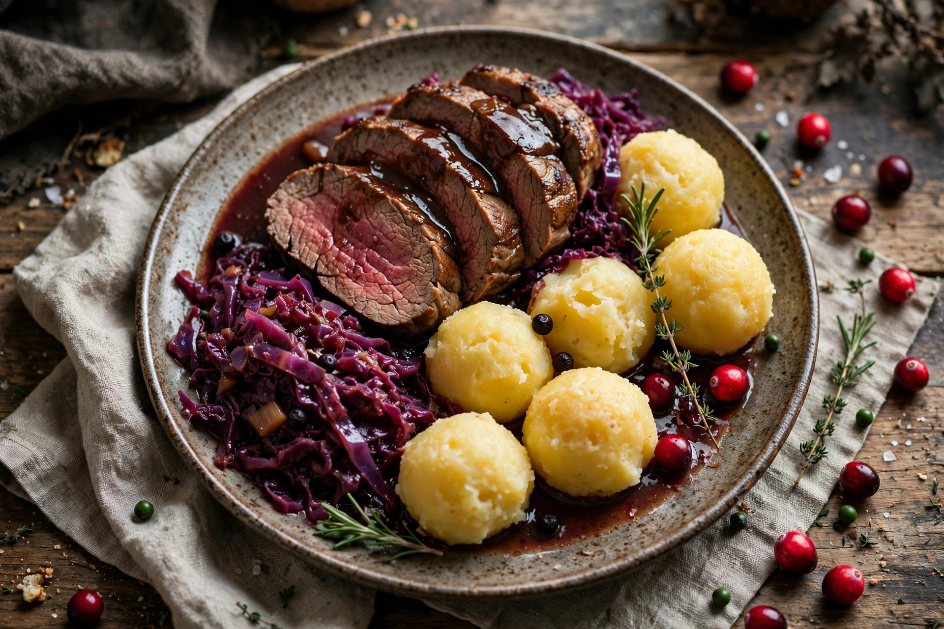 Waldkönig Wildbraten Hirschbraten mit Preiselbeeren und Spätzle
