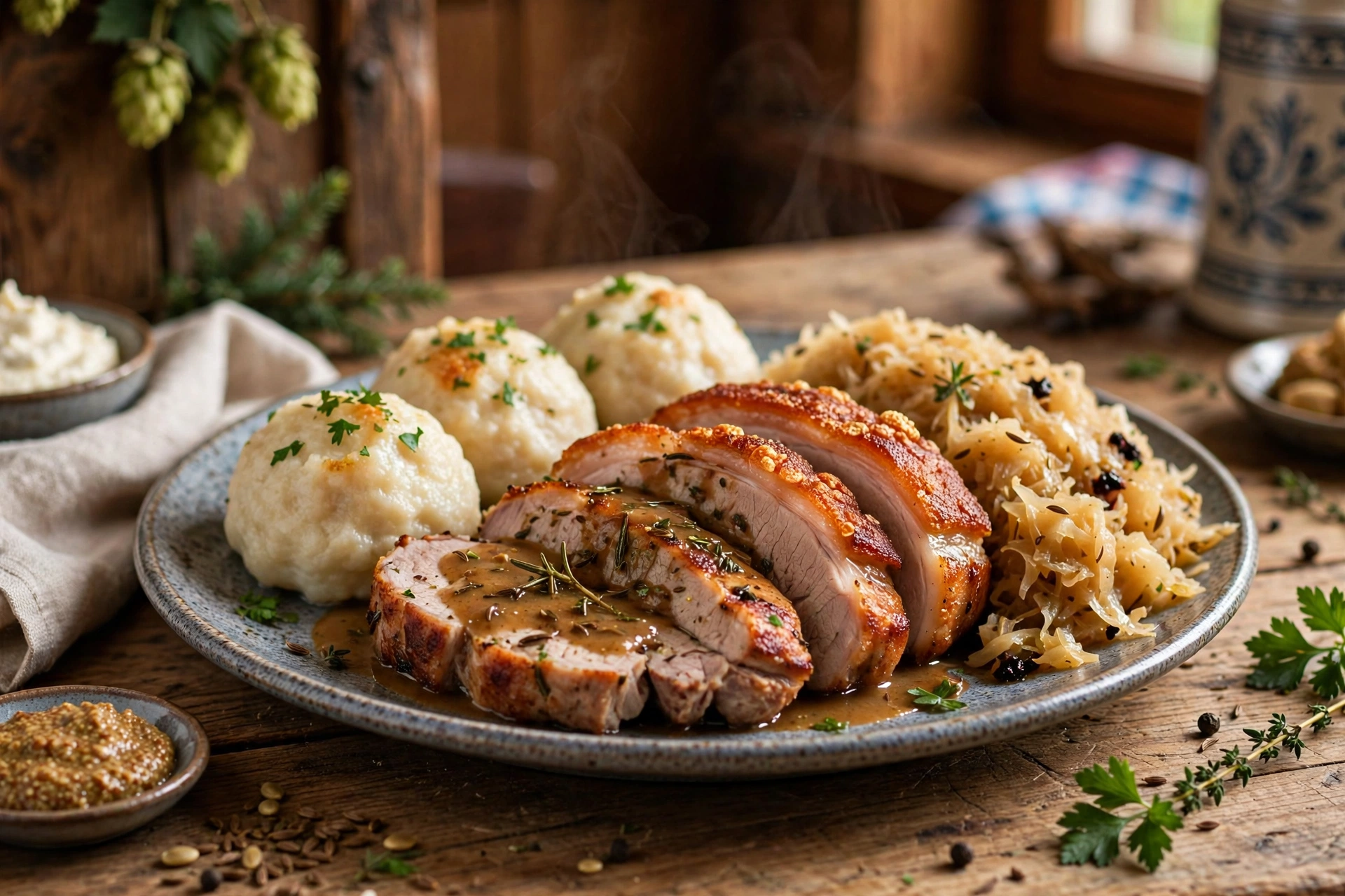 Gasthof Zur Post Schweinsbraten Schweinsbraten auf Biersoße mit Knödel im Gasthof Zur Post