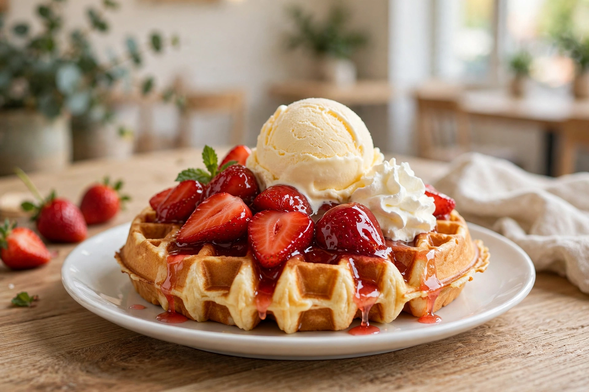 Karls Waffel Waffel mit Erdbeeren, Eis und Sahne