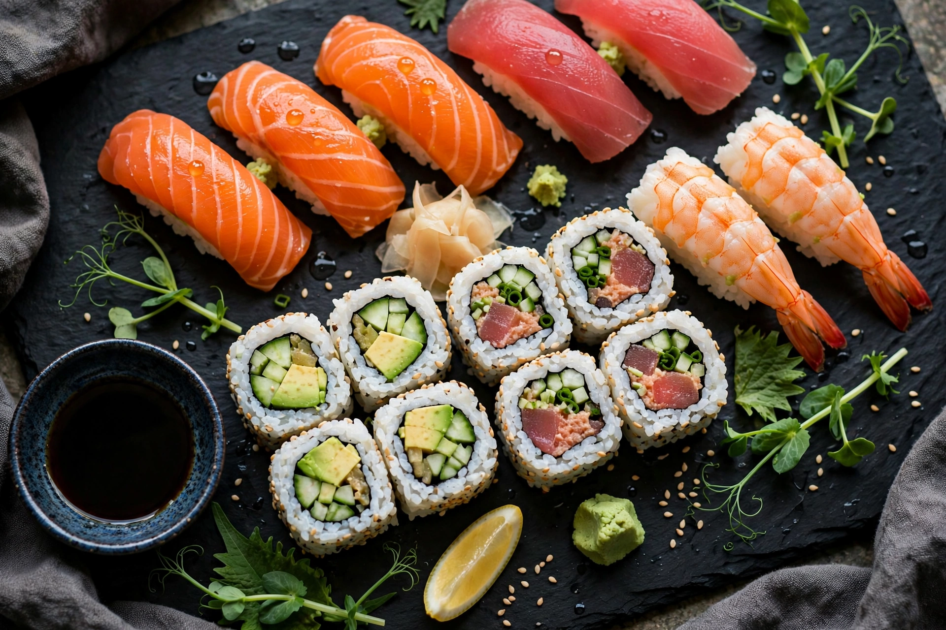 Kyko Memmingen Sushi Frisches Sushi auf schwarzem Teller