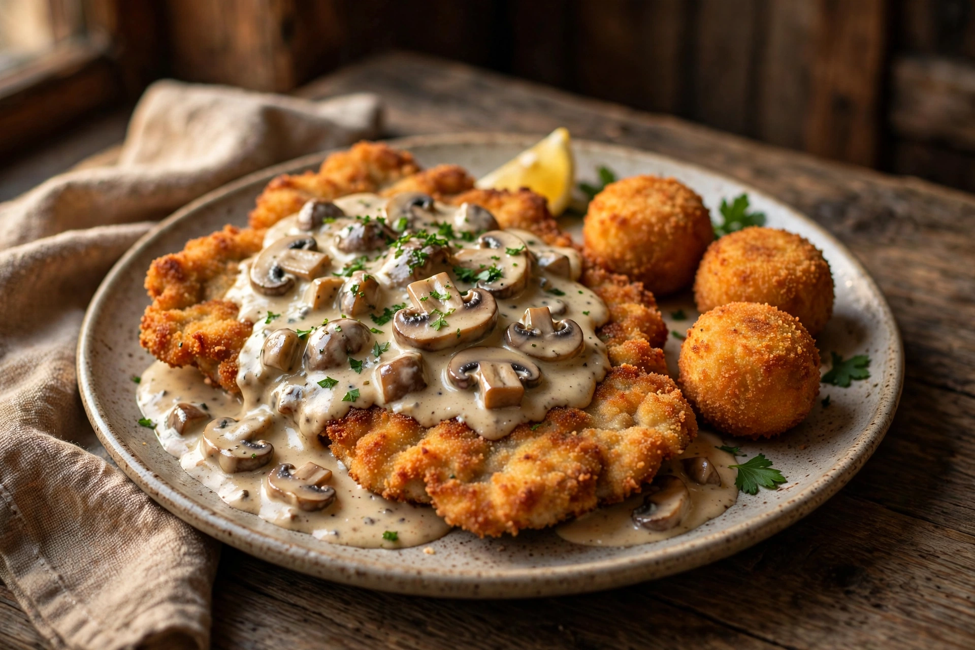 Schnitzel mit Champignonrahmsauce und Kroketten