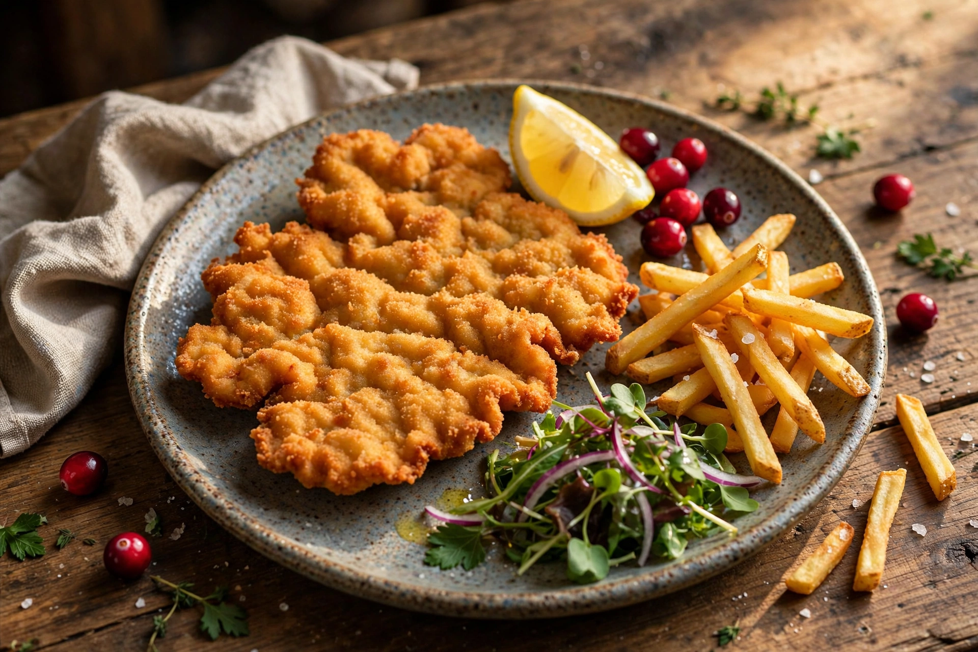 Löwen Schnitzel Wiener Schnitzel mit Beilage im Gasthaus Zum Löwen
