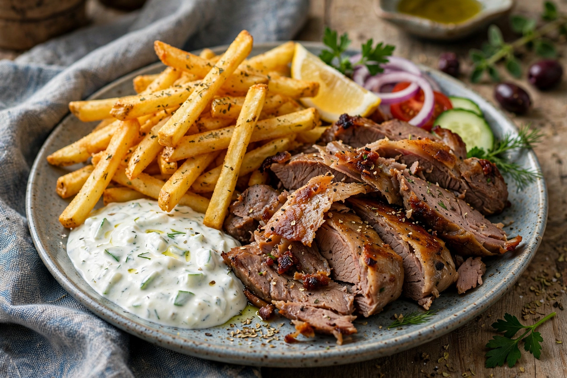 Restaurant Olympia Gyros Gyros mit Pommes und Tzatziki im Restaurant Olympia