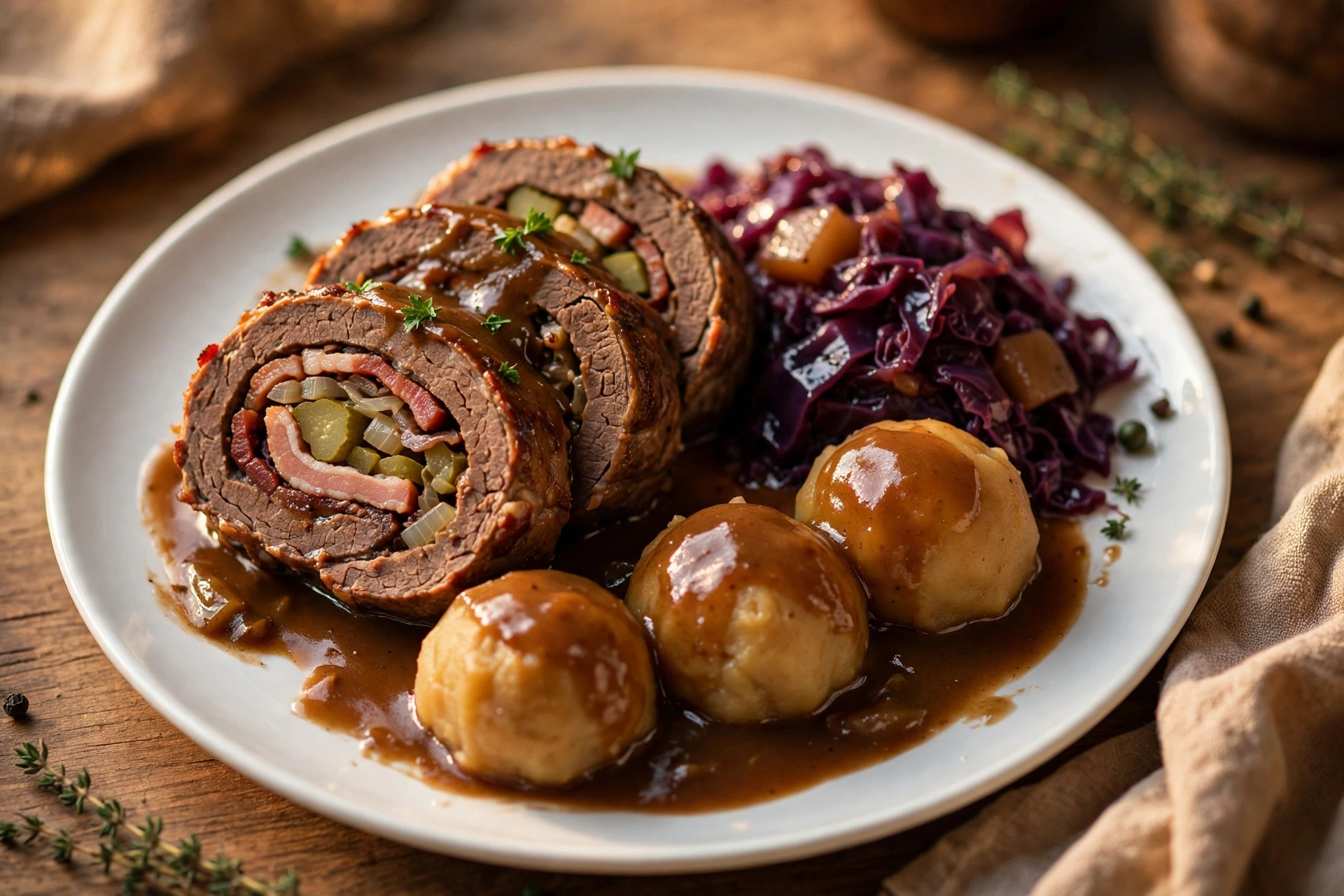 Roulade Zur Quelle Rinderroulade mit Rotkohl und Klößen